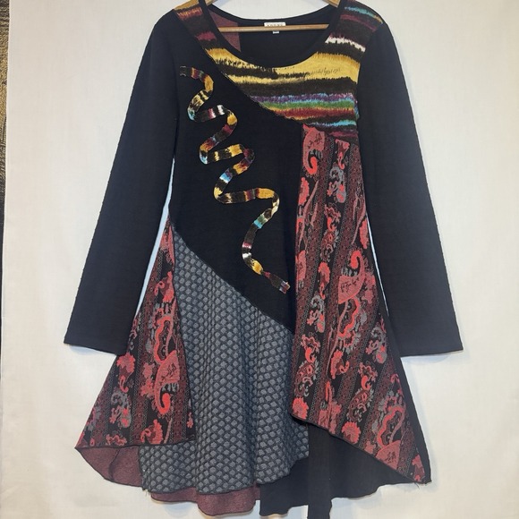 Women's M Boho Tunic Dress Whimsygoth Abstract Print  Sleeve Artsy Festival - Picture 2 of 13